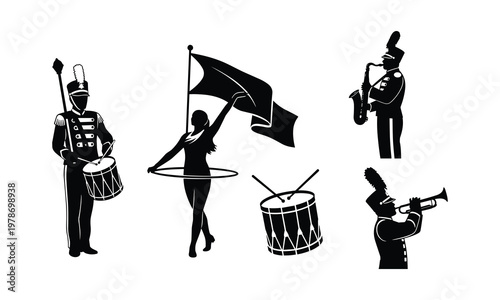 Marching band girl dancer drummer saxophone player vector.