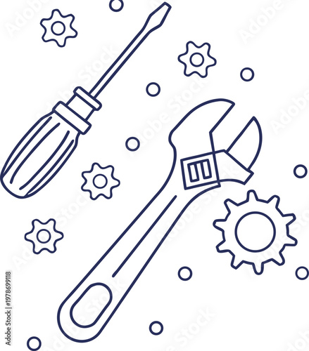 Adjustable wrench and screwdriver with gear wheels line art vector illustration for mechanical repair concept