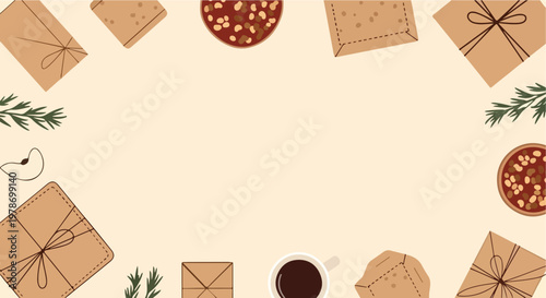 A cozy winter flat lay featuring brown paper gifts, cookies, coffee, and pine sprigs on a light beige background with central copy space.