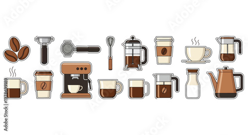 A collection of illustrated coffee making tools and beverages including pots cups and beans
