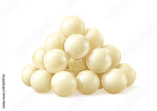 A pyramid of smooth, round, off-white spheres, appearing like candies or pearls