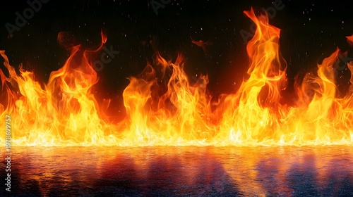 Bright orange flames rise intensely from a reflective dark ground surface.