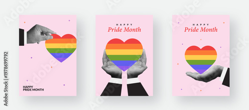 Pride Month collage set cards in halftone and vintage style. Hands holding a heart in the colors of the Pride flag represent unity and rights.
