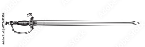 Original medieval or victorian 19 century sword and blade. Hand drawn engraving in traditional lineart ink style.