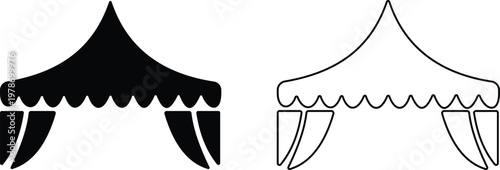 Event tent canopy pavilion icon set collection group in black red flat and line style vector illustration, camping shelter marquee gazebo awning symbol pack minimal outline design bundle