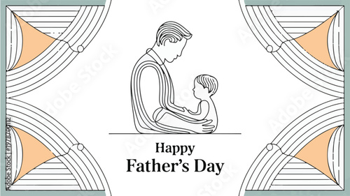 Father and Child line art illustration for Happy Fathers Day greeting card with geometric frame