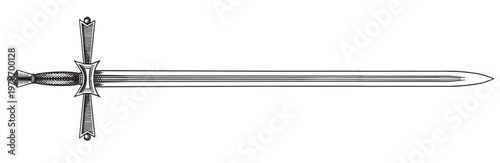 Original medieval or victorian 19 century sword and blade. Hand drawn engraving in traditional lineart ink style.