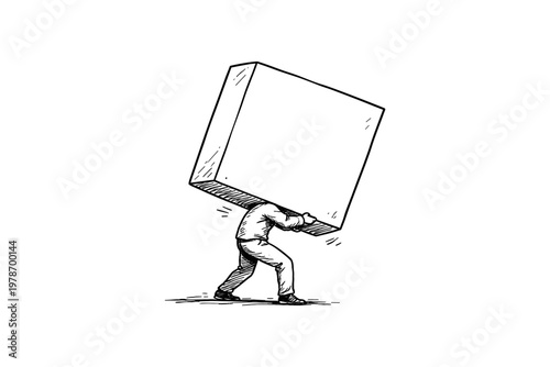 Man struggling to carry a large heavy box on his head, symbolizing burden