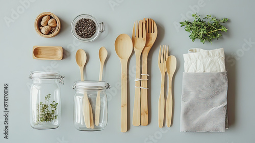 Zero waste lifestyle flat lay with reusable glass jars bamboo products on white background