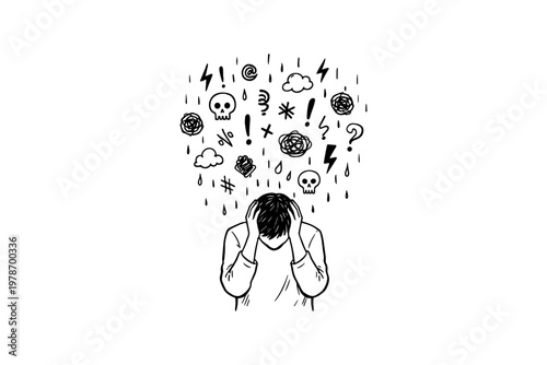 Person overwhelmed by negative thoughts and symbols raining down