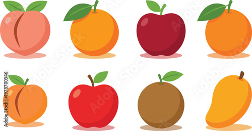 Collection of fresh fruits including apples, oranges, peach, coconut and mango, colorful healthy food set in flat vector illustration style
