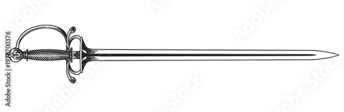 Original medieval or victorian 19 century sword and blade. Hand drawn engraving in traditional lineart ink style.