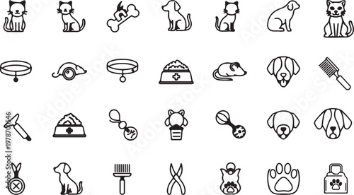 Pet supplies and accessories icon set for cats and dogs grooming and care with domestic collection supplies accessories grooming scissors medication treatment training