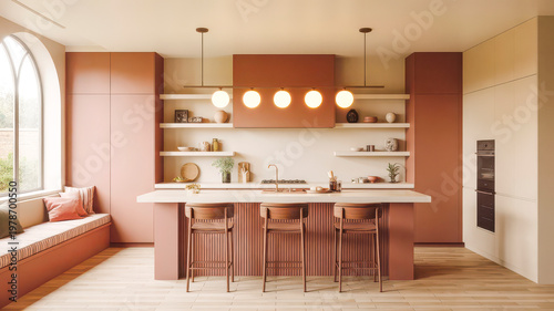 Modern kitchen with island and pendant lighting in warm tones