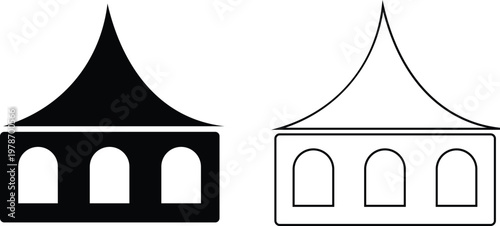 Event tent canopy pavilion icon set collection group in black red flat and line style vector illustration, camping shelter marquee gazebo awning symbol pack minimal outline design bundle