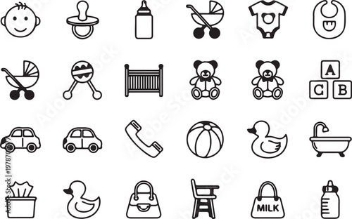 Collection of baby care items and infant accessories icons with baby bottle teddy bear high chair collection pacifier stroller clothing accessories childhood innocence