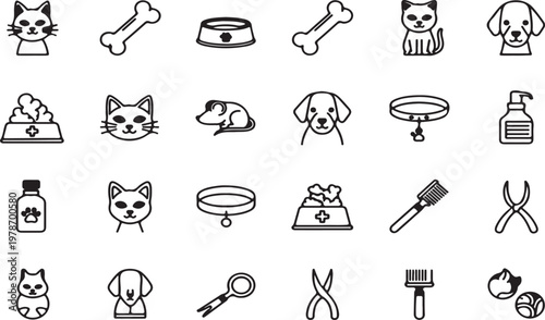 Pet care items icons including grooming tools food accessories for dogs and cats domestic collection supplies accessories grooming scissors medication treatment training