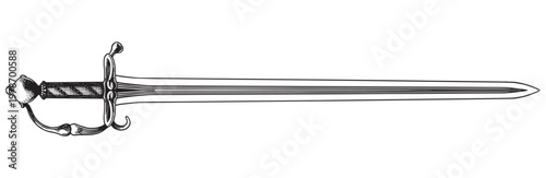 Original medieval or victorian 19 century sword and blade. Hand drawn engraving in traditional lineart ink style.