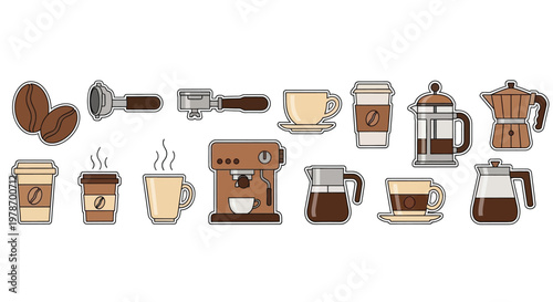 A colorful illustration depicting various coffee related items like beans brewers and served beverages