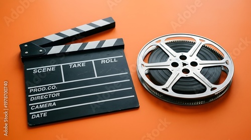 Film clapperboard and movie reel on orange background representing cinema production filmmaking video editing and creative media industry concept
