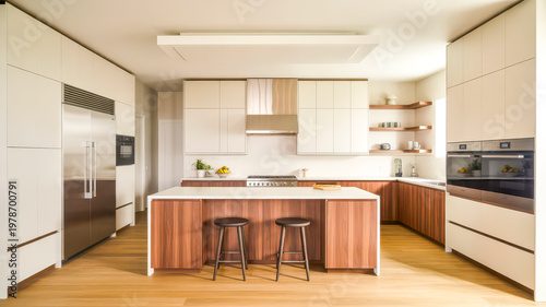 Modern kitchen with wooden island and stainless steel appliances