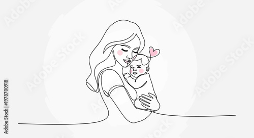 Elegant Single Line Art Mother Holding Baby with Heart Shape
