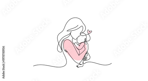 Minimalist Continuous Line Art Mother and Child Embrace Family Illustration