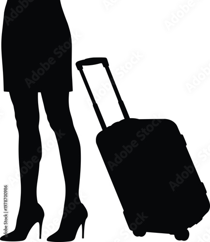 Silhouette of woman legs in high heels standing with suitcase, representing travel, business trip, tourism, airport fashion, and vacation departure,