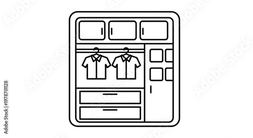A simple line drawing depicts a clothing storage unit with hanging garments and drawers