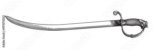 Original medieval or victorian 19 century saber sabre and blade. Hand drawn engraving in traditional lineart ink style.