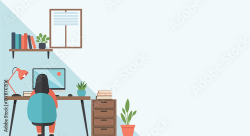 Flat vector illustration of a person working on a desktop computer at a desk in a cozy room with books, plants, and a filing cabinet.