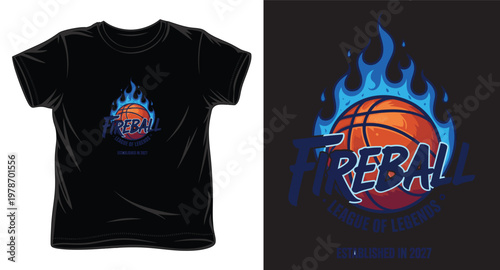 Blue fire basketball t-shirt design for fireball league featuring stylized orange ball on black background.