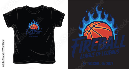 Sportswear t-shirt graphic with flaming basketball emblem and fireball league typography on black.