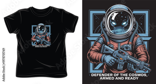 Alien astronaut in suit with rifle, defender of the cosmos.