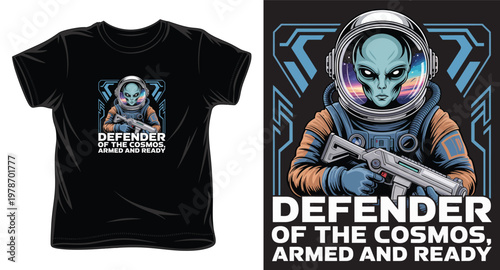 Astronaut alien defender holding rifle in outer space illustration.