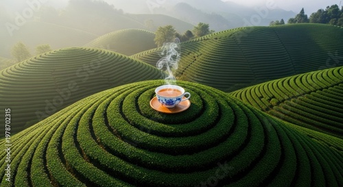 a rolling tea plantation landscape, a scene characteristic of several prominent tea-growing regions across Asia