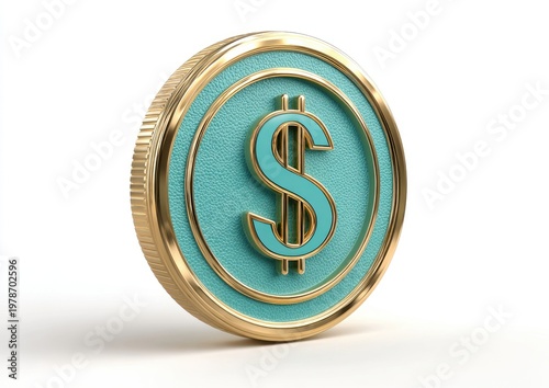 A shiny gold coin with a teal inset featuring a dollar sign