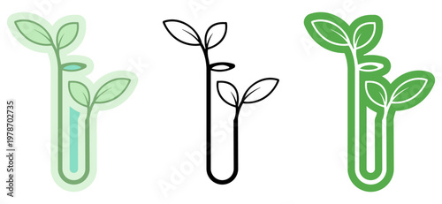 Green lab clip art set of three styles of a test tube with a green sprout growing inside. Flat, line art and cutout design. Ideal for biotechnology, environmental science, and plant research themes.