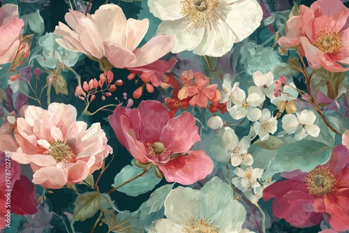 Seamless Classic Watercolor Floral Pattern with Elegant Botanical Flowers