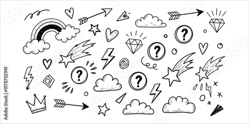 Whimsical doodle collection arrows clouds stars and quirky hand drawn elements