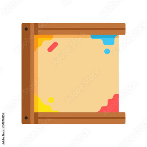 Messy artist palette wooden board vector illustration showing colorful paint splatters red yellow blue pigments creative process concept professional painting accessory isolated on white.