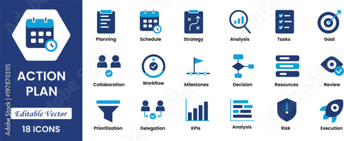 Action plan icon set. Containing planning, schedule, strategy, analysis, tasks, goal, collaboration and objective icons. Solid icon collection.