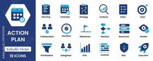 Action plan icon set. Containing planning, schedule, strategy, analysis, tasks, goal, collaboration and objective icons. Solid icon collection.