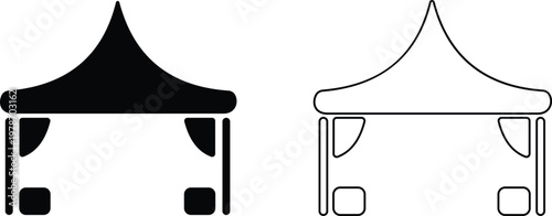 Event tent canopy pavilion icon set collection group in black red flat and line style vector illustration, camping shelter marquee gazebo awning symbol pack minimal outline design bundle