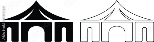 Event tent canopy pavilion icon set collection group in black red flat and line style vector illustration, camping shelter marquee gazebo awning symbol pack minimal outline design bundle