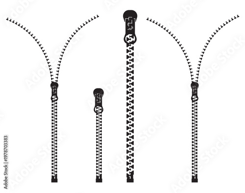 Zipper icon for fashion cloth. Set of stylish fasteners and zippers for clothing. Textile symbol and sign. Vector illustration of different  closed and open zippers for clothes on white background.