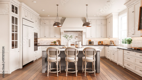 Modern kitchen with white cabinets and island seating area