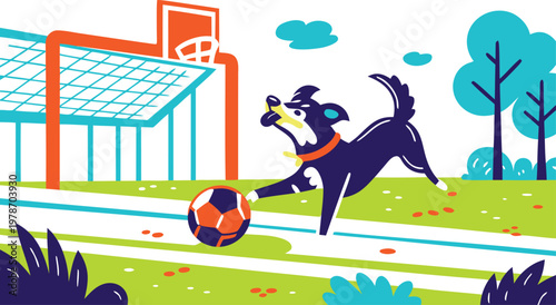 Playful dog kicking soccer ball on sports field
