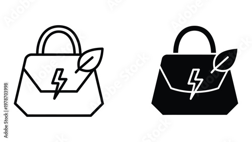 Eco-friendly handbag icons with leaf and lightning bolt