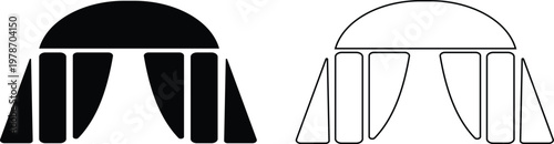 Event tent canopy pavilion icon set collection group in black red flat and line style vector illustration, camping shelter marquee gazebo awning symbol pack minimal outline design bundle